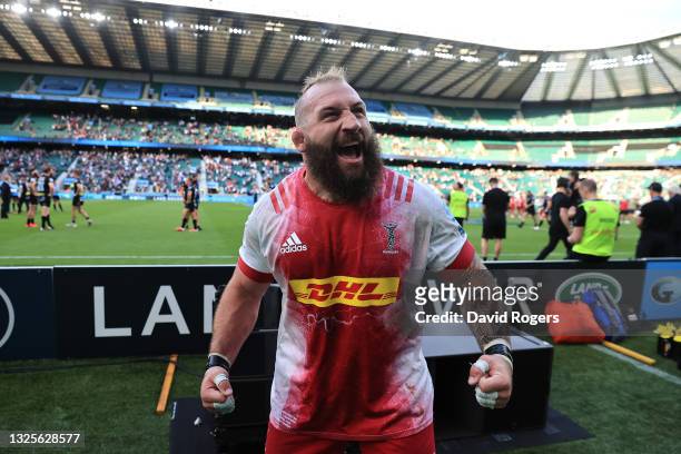 Joe Marler of Harlequins celebrates following his side's victory during the Gallagher Premiership Rugby Final between Exeter Chiefs and Harlequins at...