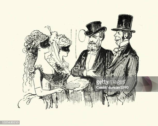 smartly dressed men flirting with two women at a masked ball, victorian 19th century - bordello stock illustrations