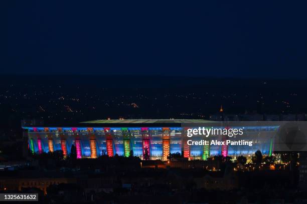 General view as the Puskas Arena lights up after the Netherlands training session ahead of the UEFA Euro 2020 Round of 16 match between Netherlands...