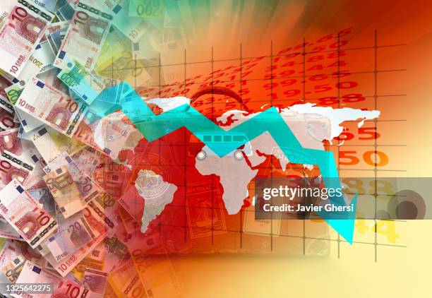 crisis in tourism: euro banknotes, world map, down arrow and suitcase. - miss world stock pictures, royalty-free photos & images