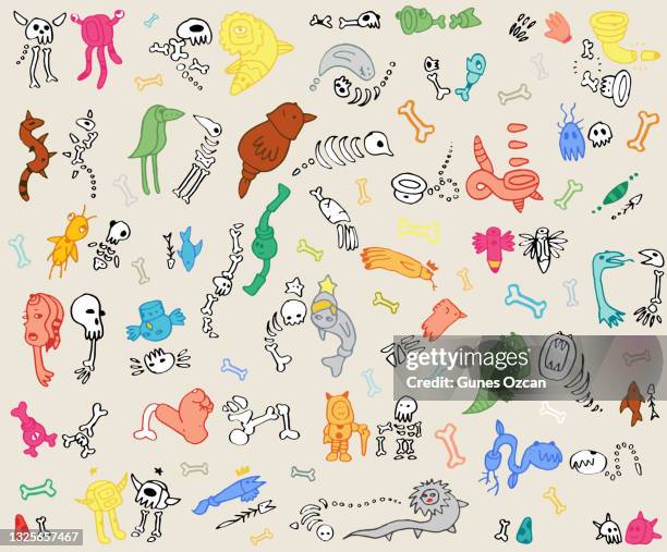 creatures and their skeletons, skulls - cute life & death doodle - sugar skull background stock illustrations