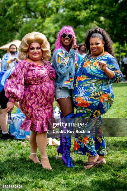 Ginger Minj, Ra'Jah O'Hara and Silky Nutmeg Ganache of "RuPaul's Drag Race All Stars" Season Six attend the Youth Pride celebration at the 14th St....