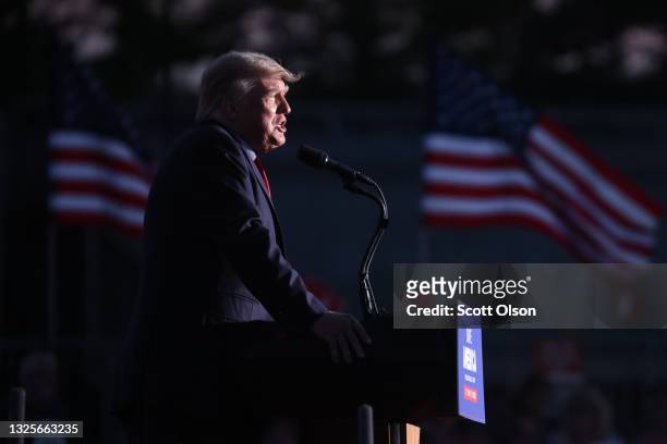 Former President Donald Trump speaks to supporters during a rally at the Lorain County Fairgrounds on June 26, 2021 in Wellington, Ohio. Trump is in...