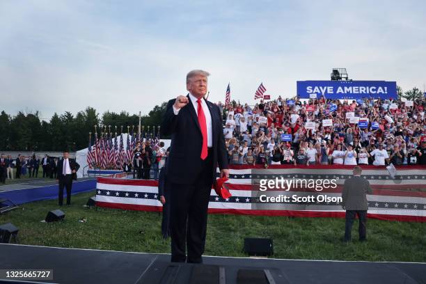 Former US President Donald Trump arrives for a rally at the Lorain County Fairgrounds on June 26, 2021 in Wellington, Ohio. Trump is in Ohio to...