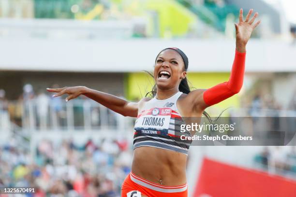 Gabby Thomas celebrates after crossing the finish line to win the Women's 200 Meters Final on day nine of the 2020 U.S. Olympic Track & Field Team...