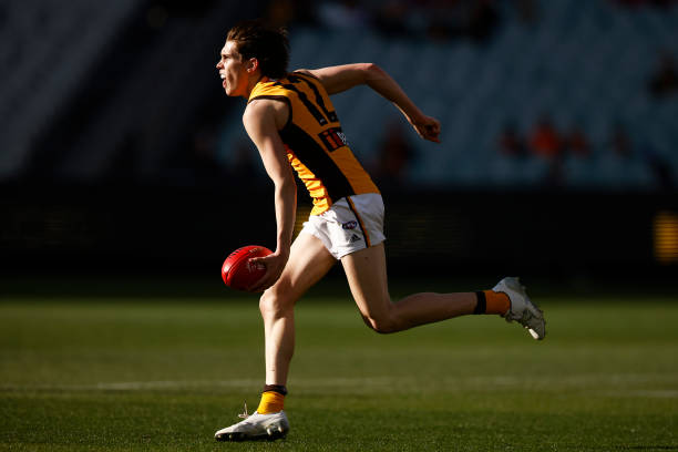 Will Day of the Hawks handballs during the round 15 AFL match between the Greater Western Sydney Giants and the Hawthorn Hawks at Melbourne Cricket...