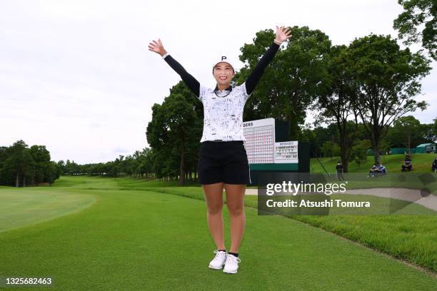 Erika Kikuchi of Japan celebrates winning the tournament on the 18th green during the final round of the Earth Mondamin Cup at Camellia Hills Country...