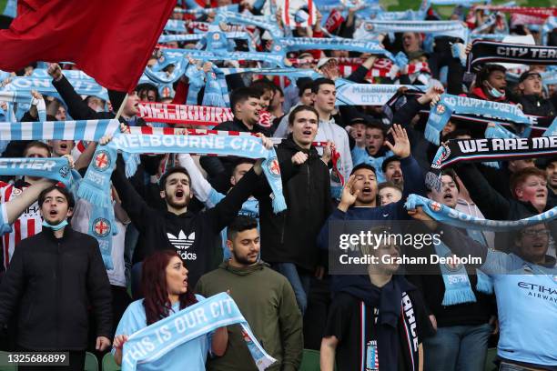 Melbourne City fans show their support prior to the A-League Grand Final match between Melbourne City and Sydney FC at AAMI Park, on June 27, 2021 in...