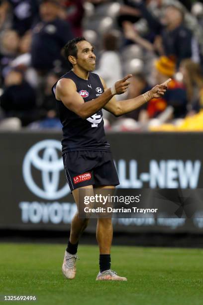 Eddie Betts of the Blues celebrates a goal during the round 15 AFL match between the Carlton Blues and the Adelaide Crows at Marvel Stadium on June...