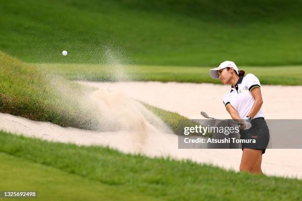 Bo-mee Lee of South Korea hits out from a bunker on the 16th hole during the final round of the Earth Mondamin Cup at Camellia Hills Country Club on...