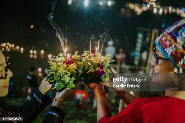 two grandmother tourist with loy krathong festival-stock photo - wat stock pictures, royalty-free photos & images