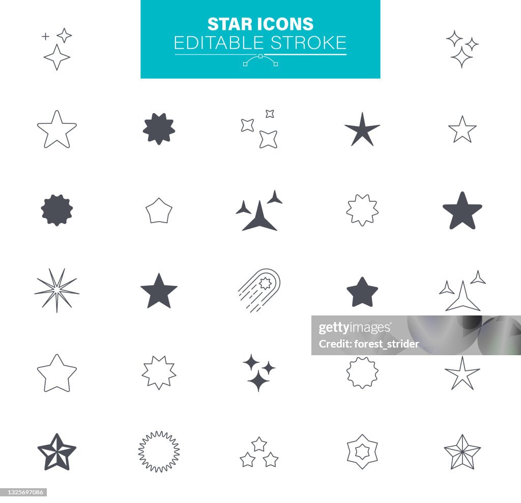 Star Icons editierbarer Strich. In Gesetzten Ikonen als Feier, fallender Stern, Feuerwerk, Funkeln, Leuchten
