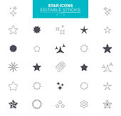 Star Icons Editable Stroke. In set icons as celebration, falling star, firework, twinkle, glow