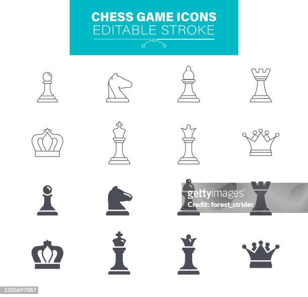 chess game icons, black and white figures, editable stroke - knight chess piece stock illustrations