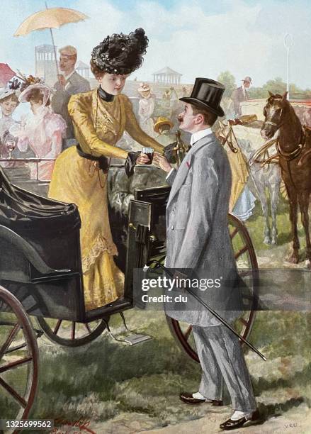 at horse races: a man helps an elegant, yellow-clad woman out of the carriage - yellow retro dress stock illustrations