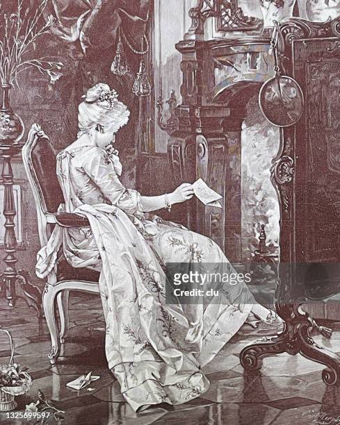 elegant woman sitting by the fireplace, holding a letter in hand, side view - beautiful hair at home stock illustrations