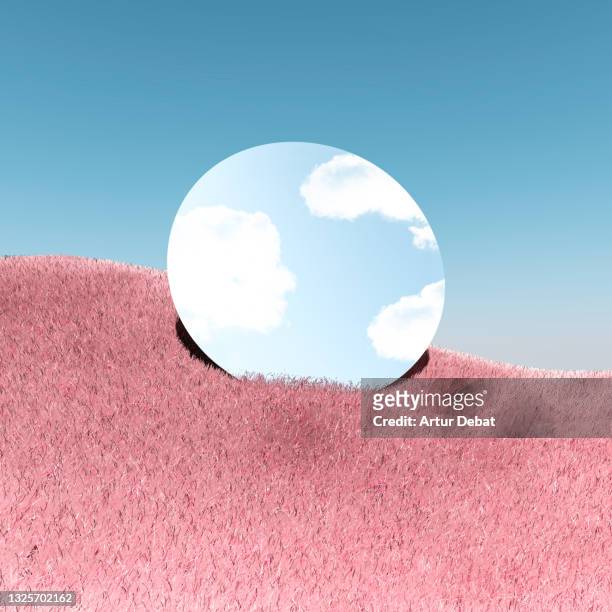 poetic picture of mirror reflecting blue sky in digital surreal landscape with pink grass. - bizarre fotos stockfoto's en -beelden