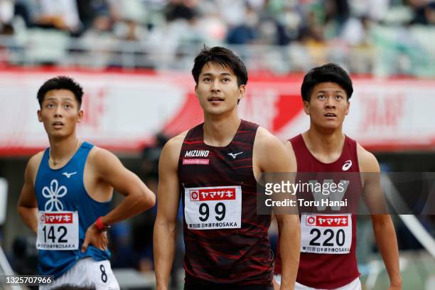Shota Iizuka reacts after competing in the Men's 200m final during the 105th Japan Athletics Championships at Yanmar Stadium Nagai on June 27, 2021...