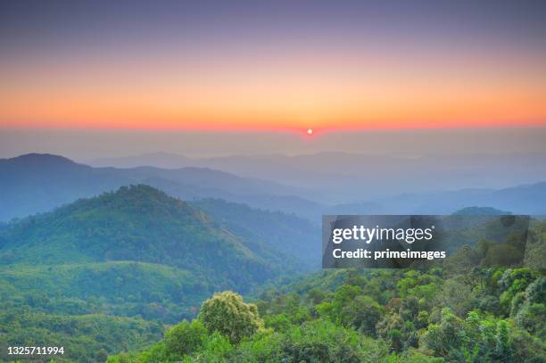 fantastischer landschaftshügel in myanmar, umgeben von wald im morgengrauen - myanmar stock-fotos und bilder