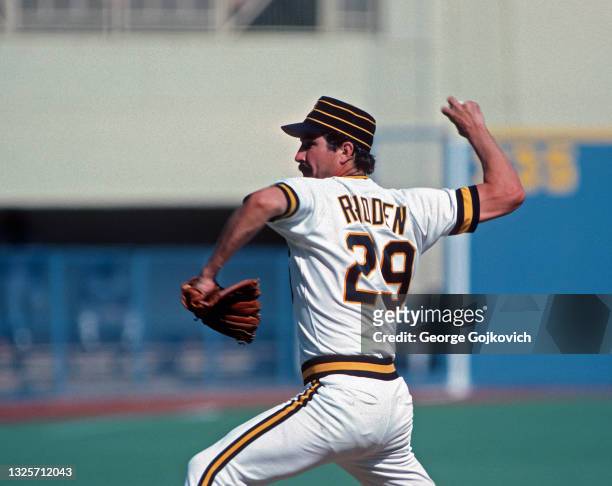 Pitcher Rick Rhoden of the Pittsburgh Pirates pitches during a Major League Baseball game at Three Rivers Stadium in 1983 in Pittsburgh, Pennsylvania.