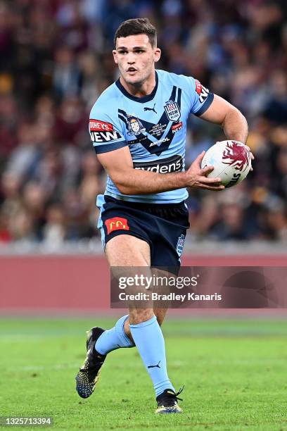 Nathan Cleary of the Blues runs the ball during game two of the 2021 State of Origin series between the Queensland Maroons and the New South Wales...