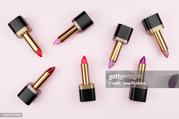 collection of colorful lipsticks on trendy pastel pink background. 3d banner. - human lips stock photos et images de collection