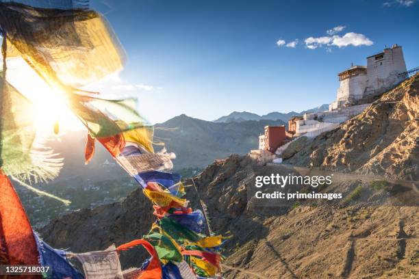 vivid prayer flag in and sunshine day nature landscape scenics shanti stupa leh ladakh,jammu, kashmir,  india - buddhist flag stock pictures, royalty-free photos & images