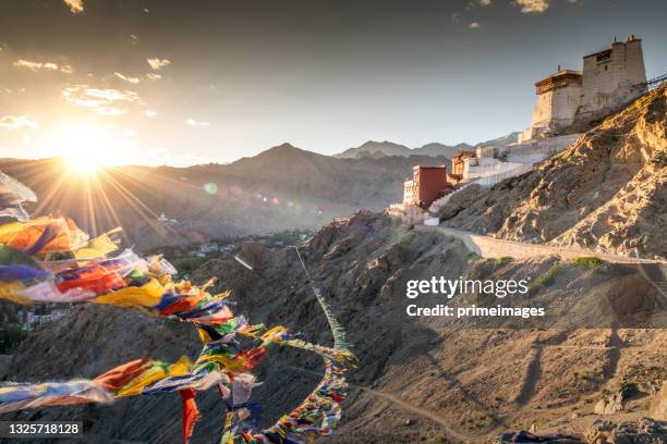 vivid prayer flag in and sunshine day nature landscape scenics shanti stupa leh ladakh,jammu, kashmir,  india - tibetan culture stock pictures, royalty-free photos & images