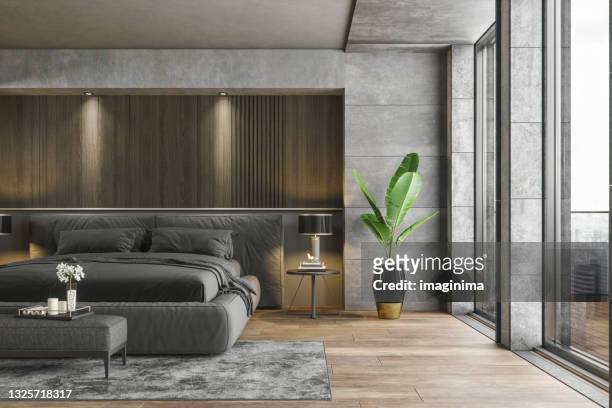 modern luxurious gray bedroom - hotelsuite stockfoto's en -beelden