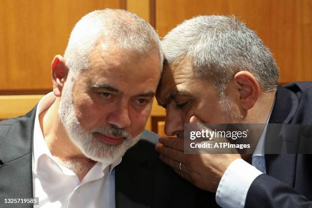 Ismail Haniya arrives at Beirut-Rafic Hariri International Airport on June 27, 2021 in Beirut, Lebanon. Haniya, leader of the Palestinian militant...