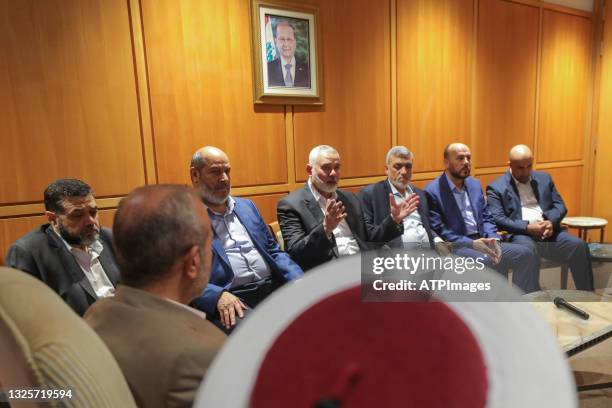 Ismail Haniya arrives at Beirut-Rafic Hariri International Airport on June 27, 2021 in Beirut, Lebanon. Haniya, leader of the Palestinian militant...