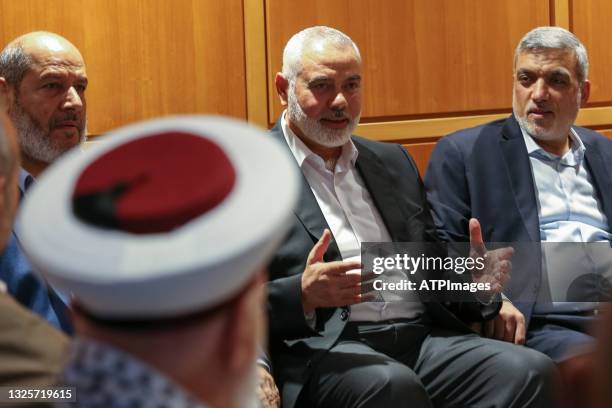 Ismail Haniya arrives at Beirut-Rafic Hariri International Airport on June 27, 2021 in Beirut, Lebanon. Haniya, leader of the Palestinian militant...