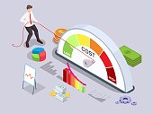 Businessman turning quality meter arrow back with rope, vector isometric illustration. Price management. Cost reduction.