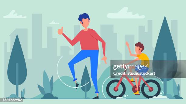 ilustrações de stock, clip art, desenhos animados e ícones de father and son on a bicycle lane - family cycling