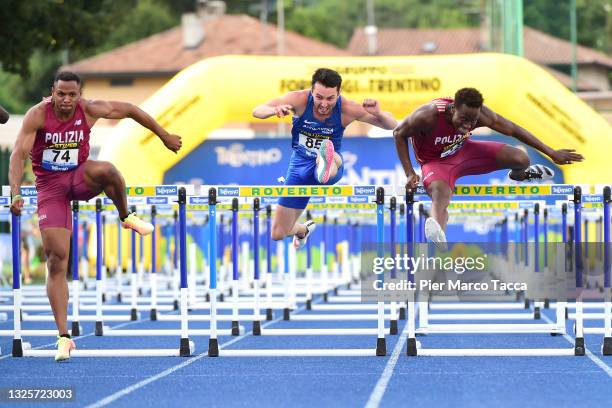 Paolo Dal Molin first place, Lorenzo Perini third place and Hassane Fofana second place during the Men's 110 meters hurdles at the Italian Track &...