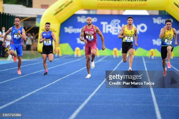 Samuele Ceccarelli, Antonio Moro, Marcell Lamont Jacobs, Matteo Mellezzo and Andrei Alexandru Zlatan compete during the final 100 meters men at the...