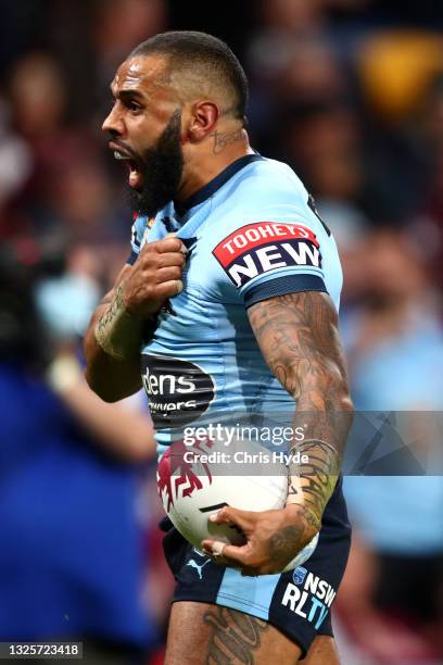 Josh Addo-Carr of the Blues celebrates after scoring a try during game two of the 2021 State of Origin series between the Queensland Maroons and the...
