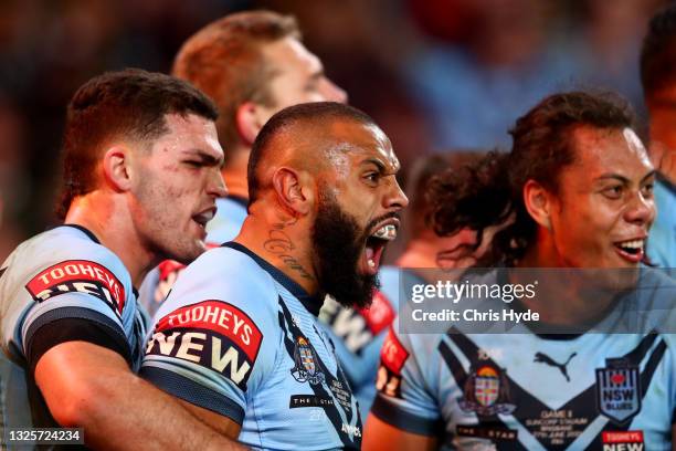 Josh Addo-Carr of the Blues celebrates after scoring a try with Jarome Luai and Nathan Cleary of the Blues during game two of the 2021 State of...