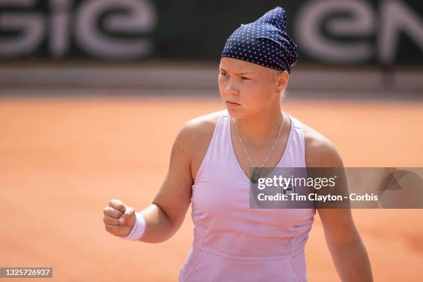 June 10. Diana Shnaider of Russia in action against Robin Montgomery of the United States in the quarter finals of the Junior Girls Singles...