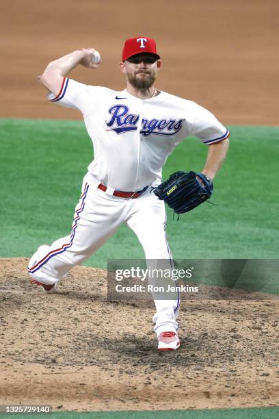 Ian Kennedy of the Texas Rangers pitches against the Kansas City Royals during the ninth inning at Globe Life Field on June 26, 2021 in Arlington,...