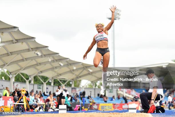 Jazmine Sawyers of Stoke jumps in the Womens Long Jump Final during Day Three of the Muller British Athletics Championships at Manchester Regional...