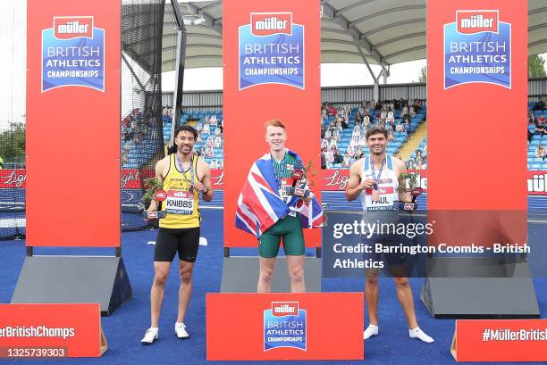 Alex Knibbs of Amber Valley Alastair Chalmers of Guernsey and Jacob Paul of Windsor Slough Eaton and Hounslow pictured during the medal ceremony of...