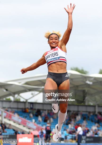 Jazmine Sawyers of Stoke competes during the Womens Long Jump Final on Day Three of the Muller British Athletics Championships at Manchester Regional...