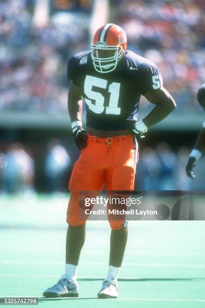 Kevin Hardy of the Illinois Fighting Illini looks on during a college football game against the East Carolina Pirates at Memorial Stadium on...