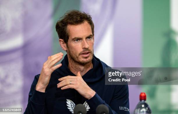 Andy Murray of Great Britain attends a press conference ahead of The Championships - Wimbledon 2021 at All England Lawn Tennis and Croquet Club on...