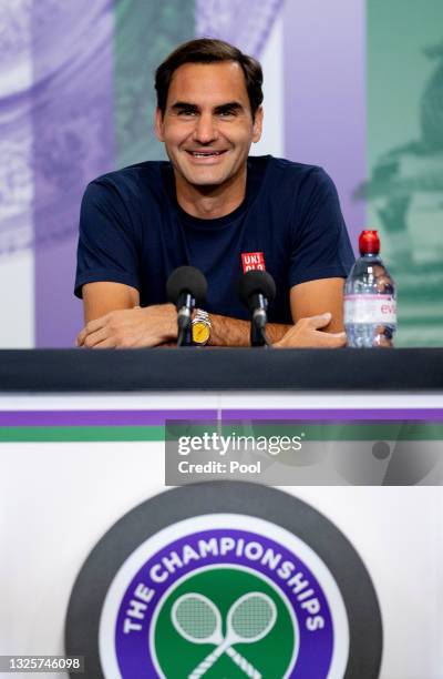 Roger Federer of Switzerland attends a virtual press conference ahead of The Championships - Wimbledon 2021 at All England Lawn Tennis and Croquet...