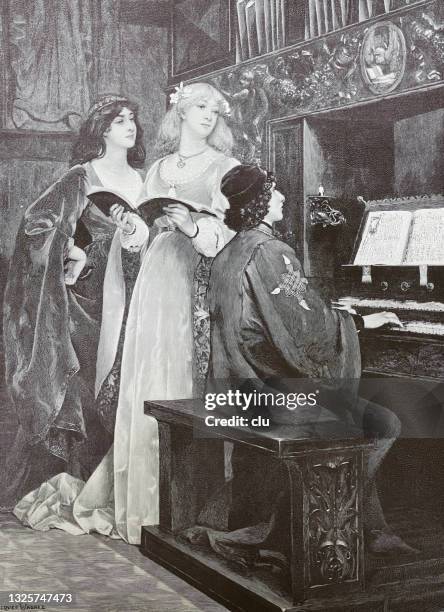the organist is playing the prelude, next to him are two pretty young girls waiting for their entry - church organ stock illustrations