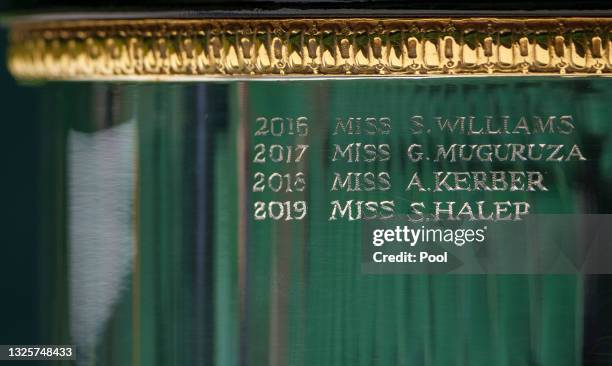 The engraved names of previous winners are seen on the Venus Rosewater Dish - the Ladies’ Singles Trophy ahead of The Championships - Wimbledon 2021...