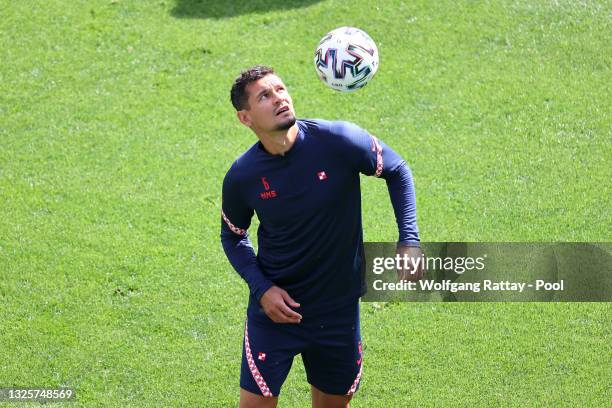 Dejan Lovren of Croatia in action during the Croatia Training Session ahead of the UEFA Euro 2020 Round of 16 match between Croatia and Spain at...