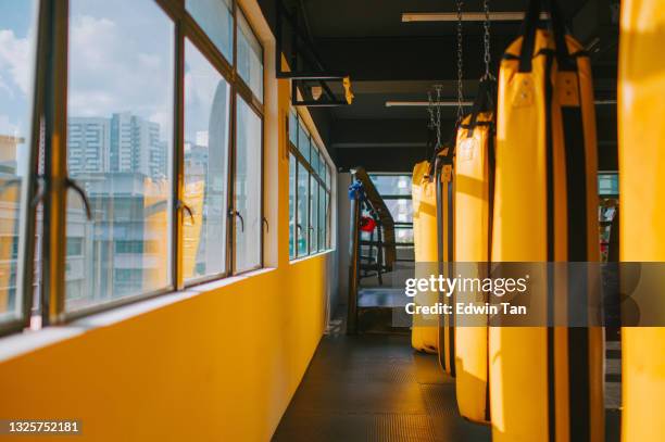 gym health club with a row of yellow punching bag sandbag beside window day time - mma ring stock pictures, royalty-free photos & images